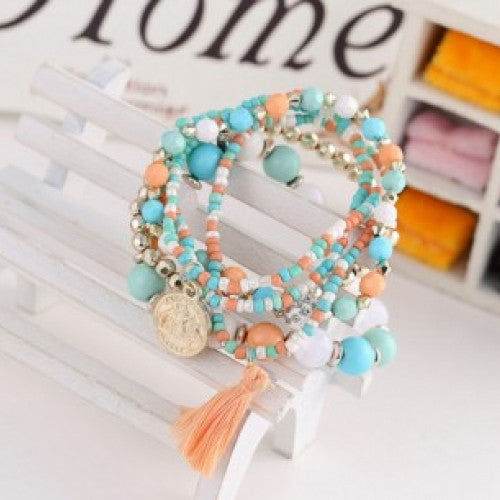 Multilayer Metal Bracelet Colorful Beads Coin Tassel Bracelets Bohemia Style