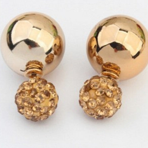 Double Pearl Women Earrings Gold Plated - Crystal Two Ball Pearls Stud Earrings